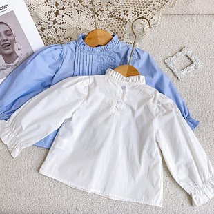 Girls Autumn 2023 New French Shirt Cotton Round Neck Children's Top Solid Color Long Sleeve Shirt