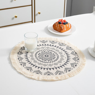 Round Bohemian Polyester Cotton Printed Placemat Fabric Tassel Heat Insulation Pad Anti-Pot Pot Pad Coaster Home Decoration