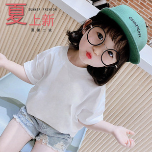 9937# Boys and Girls Children White T-shirt Half Sleeve Top Solid Color Short Sleeve Uniform Class Suit Large Children Pure Cotton Pure White