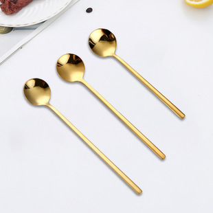 Stainless steel round head spoon coffee mixing spoon Japanese and Korean golden dessert spoon ins Internet celebrity spoon printable logo small round spoon