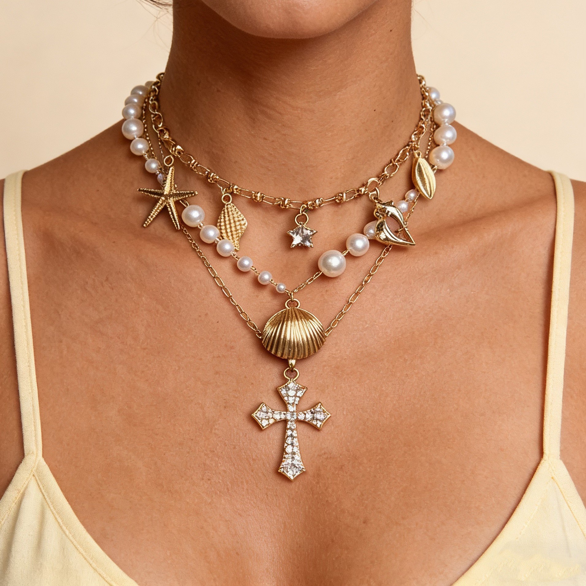 European and American Cross-border Jewelry Original Stacked Cross Pearl Long Necklace Niche Light Luxury High-end Clavicle Chain