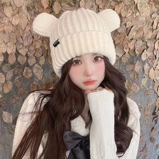 Shown Face Kitten Ear Knitted Wool Hat Women's Autumn and Winter Korean Style Thickened Warm Japanese Style All-match Cute Cold Hat Trendy