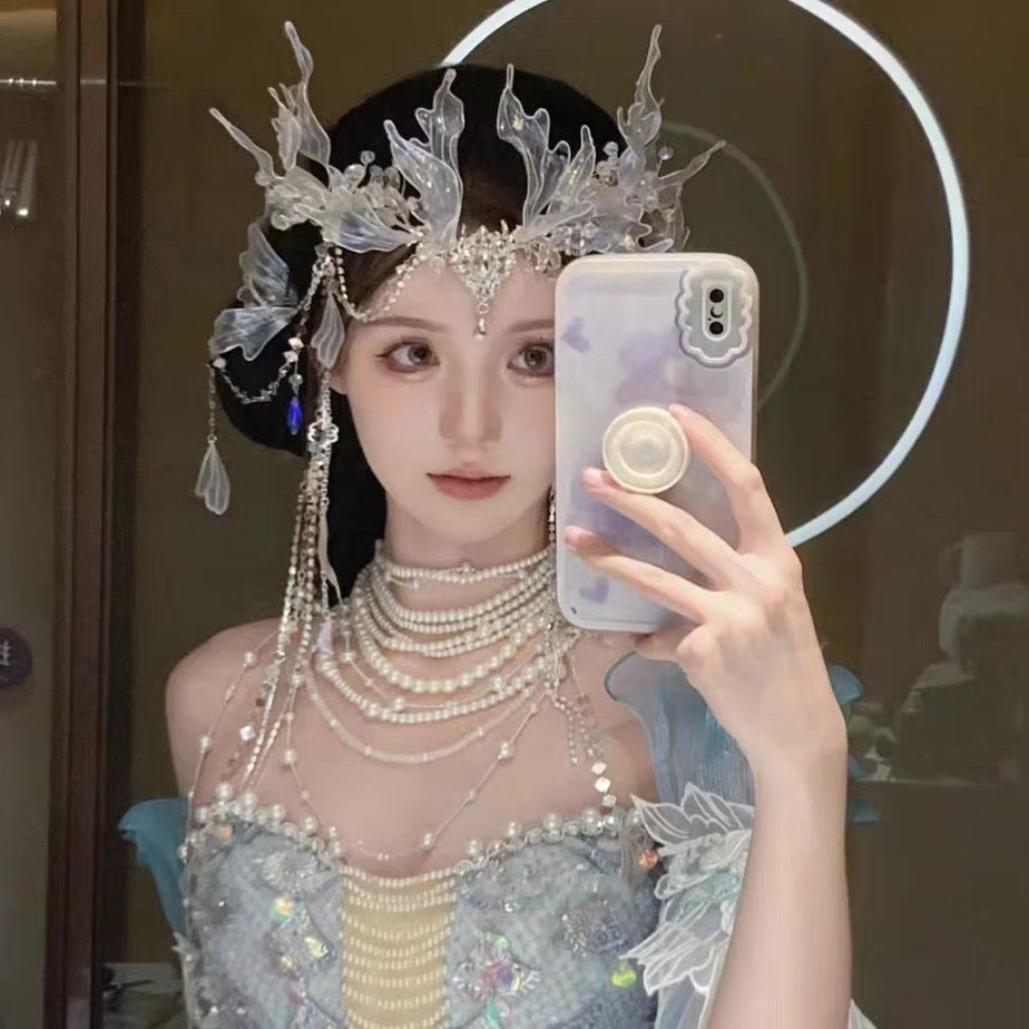 Super Fairy Luxury All-match Mermaid Headwear French Swordman Headwear Light Luxury Bridal Hair Accessories suit silver Exquisite Accessories