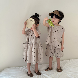 Children's Summer suit Boys 2024 New Baby Summer Cotton Dot Girls' dress Brothers and Sisters