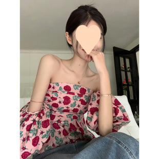 off-shoulder puff-sleeve short shirt women's summer holiday floral sweet and spicy collarbone open shoulder chic short-sleeve top