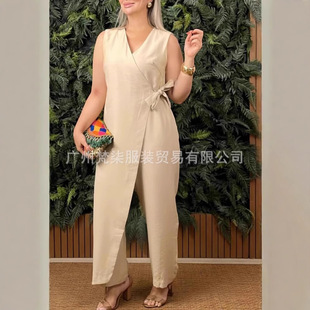 2025 European and American Cross-border Summer New Amazon Independent Station Loose Casual Sleeveless V-neck Lace-up Pants for Women