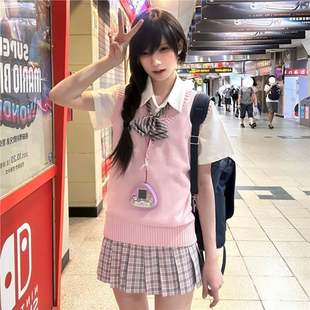 Spring and Autumn JK Uniform Knitwear Sweater Vest Vest Women's Japanese College V-neck Embroidered Pullover Top Two-piece Set
