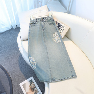 Real Shot New Chinese Style Mid-length Denim Skirt Skirt Women's Spring and Summer New High Waist Hip Covering National Style A- Line Split Skirt