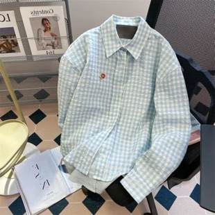 Korean Fake Two-Piece Pink Plaid Shirt Long-Sleeved Jacket Spliced ​​Spring Loose New Design Casual Top