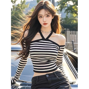 Black Striped Long Sleeve T-Shirt Women's 2024 New Hot Style Sexy Shoulder Neck Shoulder Autumn Chic Top