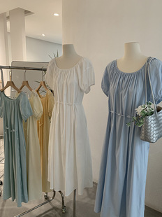Oumarai Crewneck Solid Color Bubble Sleeve Belt with Beads Long dress Gentle Style Summer New 3442