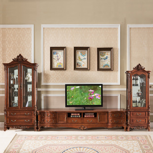 Ruifuxiang American-style solid wood TV cabinet 2.2/2 m European-style living room TV cabinet vintage carved floor cabinet T997