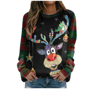 Cross-border independent station ladies cute elk 3D printing Christmas peripheral personality long sleeve street round neck sweater