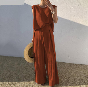 2023 Spring and Summer New Cotton Linen Fashion Casual Loose Two-piece Sleeveless Top Loose Wide Leg Pants Women