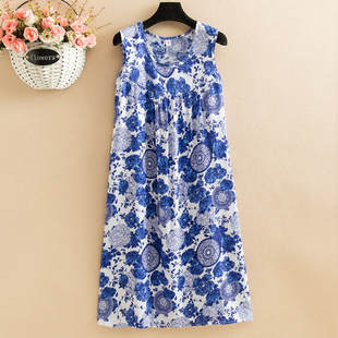 Cotton Silk Mid-length dress Summer New Flower-floral Sleeveless Viscose Dress chubby girl plus size Loose Artificial Cotton Skirt