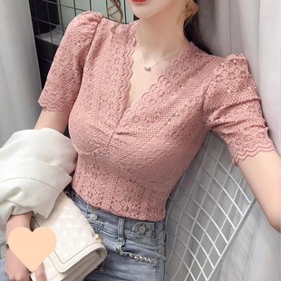 Puff Sleeve Hollow Lace Shirt Women's Summer New Short Sleeve Collar Sexy Top Women's Niche Slim-fit All-match Small Shirt