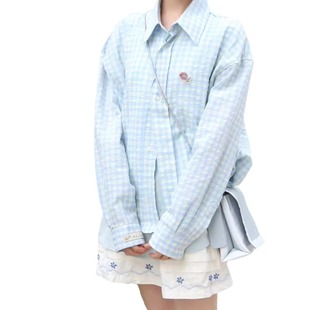 Blue and White Plaid Lapel Long-sleeved Shirt Coat Women's Autumn New Sweet Loose All-match Cardigan Fake Two-piece Top