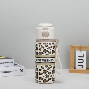 Leopard print thermos cup 316 stainless steel water cup outdoor portable double drinking straw water cup rope coffee cup wholesale