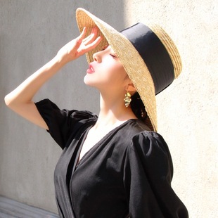 French style retro flat top hand-knitted straw straw hat catwalk big brim sun hat seaside sun protection beach hat