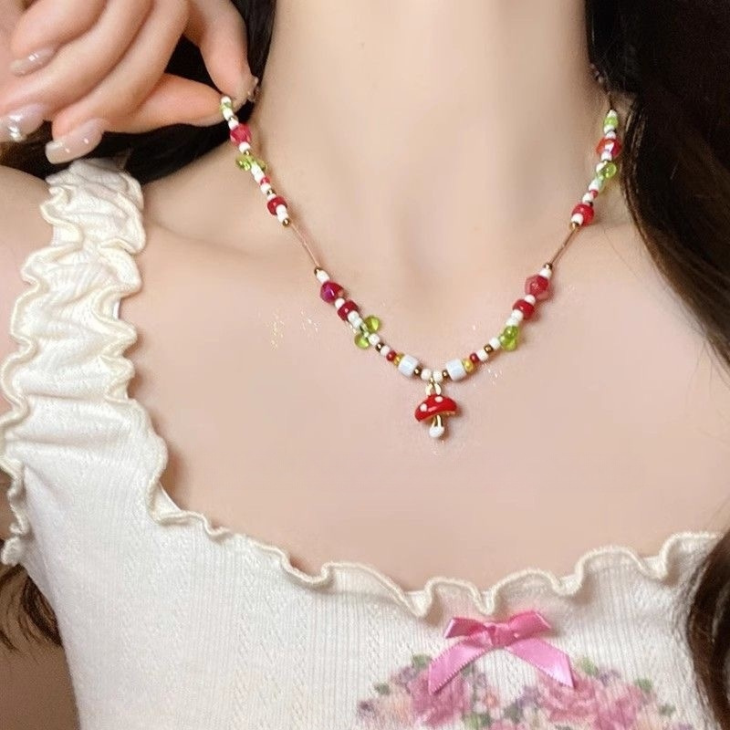 Summer Dopamine Mushroom Beaded Necklace Women's 2025 New Hot Style Long Sweet Halter Sweater Chain Accessories