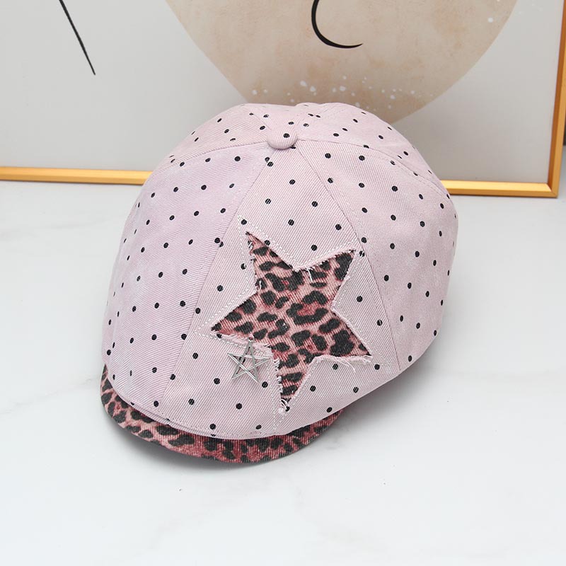 American Retro Leopard Print Star-Patterned Forward Cap for Women, New Autumn and Winter Fashion Versatile Newsboy Beret Hat That Makes the Face Look Smaller