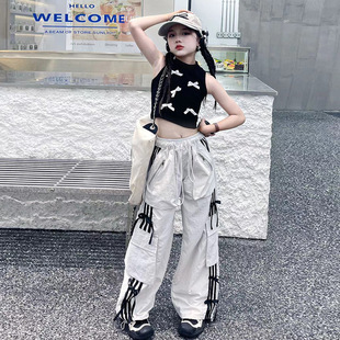 Women's Middle and Big Children 2024 Summer New Fashion Bow Strap Inner Stripe Bow Casual Pants suit