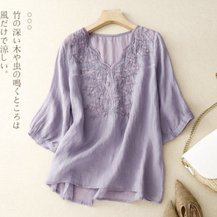 Real shot artistic retro half sleeve V-neck embroidered Chinese style cotton and linen T-shirt women's versatile slimming ethnic style top
