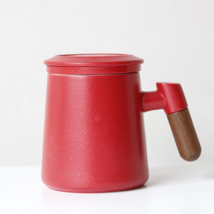 Three-piece ceramic filter mug with lid office home large capacity tea separation wooden handle tea cup