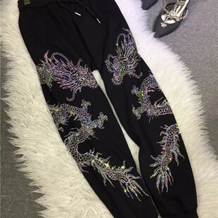 Extra Large Size 150.00kg Chubby M New Dragon Year fleece-lined Thickened Light Luxury Heavy Industry Hot Drilling Sweatpants Casual Pants Women's Fashion Trendy