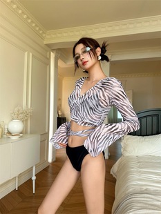 Cross V-neck Zebra Style Hot Girl Sexy Swimsuit Women's Split Triangle Strap Long Sleeve Top Hot Spring Cross-border Swimsuit