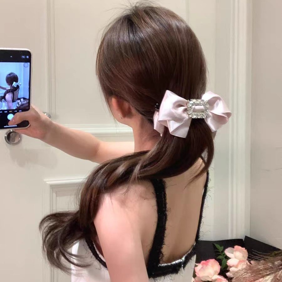 Ink Satin French-Style Square Diamond Bow Banana Clip, Fashionable and High-End Hair Accessory, Simple and Elegant Ponytail Vertical Clip