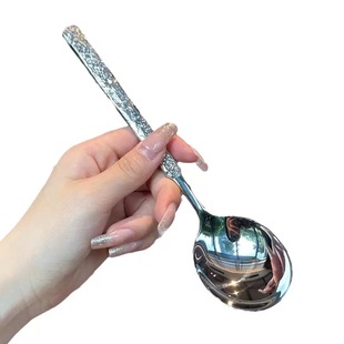 Stainless Steel Ice Crack Restaurant Dining Spoon Korean Long Handle Internet Celebrant Drinking Soup Spoon Golden Spoon Spoon Spoon Dessert Spoon