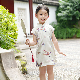 Girls Summer Sleeveless Cheongsam Dress Chinese Style Cheongsam Butterfly Flying Tang Suit Hanfu Children's Clothing