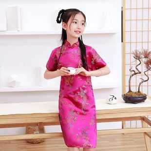 Chinese Style Dress Children's Cheongsam Spring Girls' Middle and Big Children's Retro Tang Suit Western Style Short-sleeved Slim-fit Performance Dress