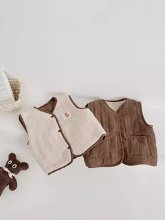 2024 new children's autumn and winter Korean version of retro warm vest men's and women's treasure lamb wool cotton vest on both sides
