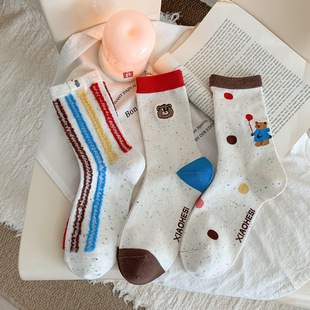 Korean Style Point Yarn Cute Cartoon Balloon Bear Cloth Label Mid-Size Socks Ins Style Creative Anti-Weaving Academy Style Women's Socks