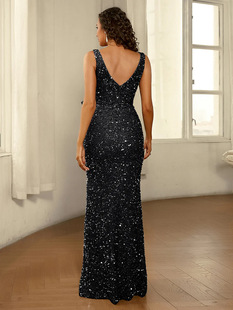 2024 Cross-Border New Sequined Elegant Work Clothing Pure Color Mid-Waist One-Line Collar Elegant Pure Color Banquet Long Skirt Evening Dress