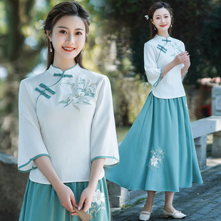 Republic of China style women's clothing Tang suit Zen tea art spring and summer retro improved artistic student clothing Hanfu Women's Chinese style suit