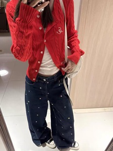 Colorful Small Floral Embroidered dark blue Straight Jeans Women's Autumn and Winter plus size High Waist Slimming Loose Wide Leg Pants
