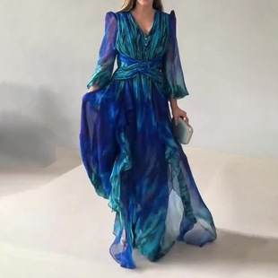 2025 spring new European and American Amazon cross-border French retro fashion printing long sleeve elegant dress