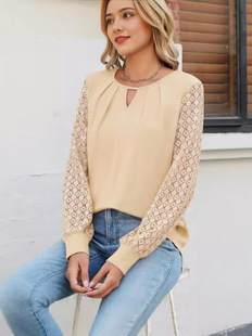 Amazon European and American Cross-Border Foreign Trade 2024 Autumn and Winter New Knitted Lace Splicing Long-Sleeved Round Neck Hollow Shirt