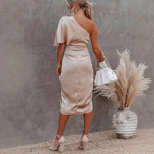 Cross-border Women's Elegant High-end Party Slit Evening Dress Solid Color Irregular Pleated Mid-waist Slant Shoulder dress