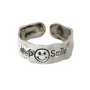 Fashion Personality Retro Smiley Face Ring Women's Korean Style Design Irregular Bump English Letter Finger Ring Opening Jewelry
