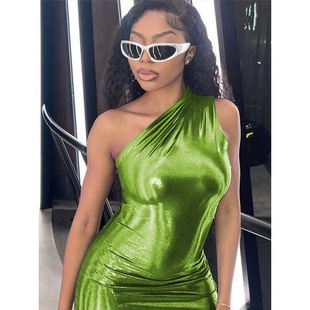 European and American style women's clothing hot 2023 spring foreign trade New Sexy Slim solid color slant shoulder sleeveless hip dress
