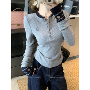 Real shot contrast color long sleeve T-shirt women's 2025 spring new inner base shirt slim-fit short all-match round neck top