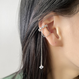 Rhombic Drill Tassel Ear Clip Ins Wind Chain Long Square Zircon Wave Ear Clip Female Ear Hanging