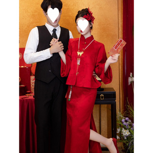 Новый китайский тост Cheongsam костюм красный свадебный костюм юбка с длинными рукавами