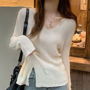 Knitted Top Women's 2024 Early Autumn New Collar Knitted Sweater Design Niche Thin Slim-fit Long-sleeved Sweater