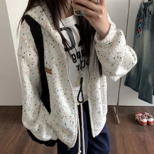 Autumn 2024 New Color Beads Blended Coarse Woven Sweatshirt All-match Casual Hooded Loose Coat National Fashion Women
