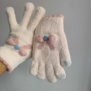 Touch Screen Knitted Gloves Women's Autumn and Winter Wool Warm Five-Finger Cute Winter Cycling for Students New Style Bow